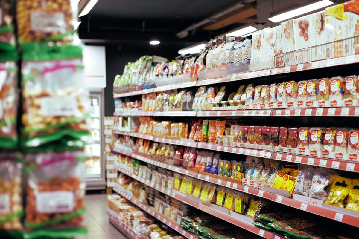 Pile of products in a supermarket